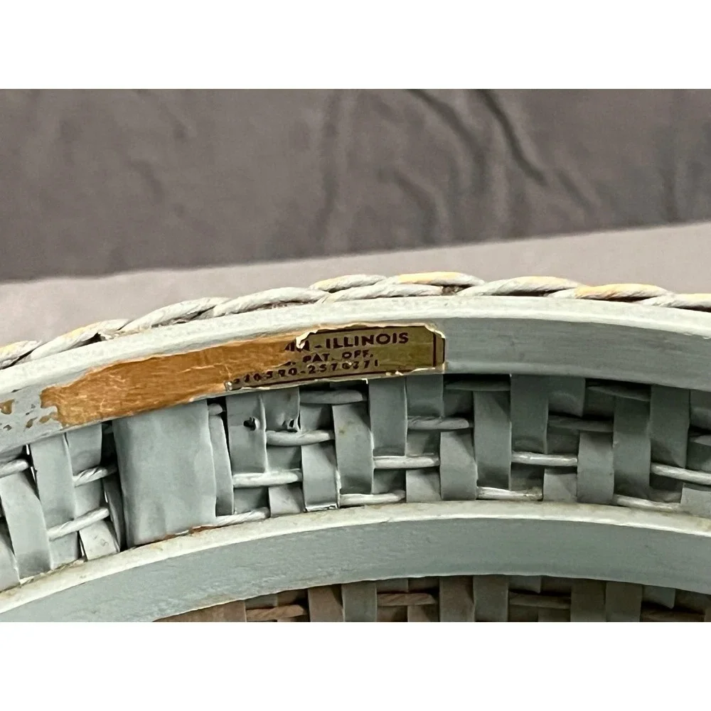 Vintage Woven Round Storage Sewing Container Box Blue Floral Lid Rope Handles - Picture 5 of 9